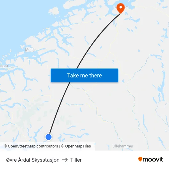 Øvre Årdal Skysstasjon to Tiller map