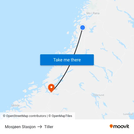 Mosjøen Stasjon to Tiller map