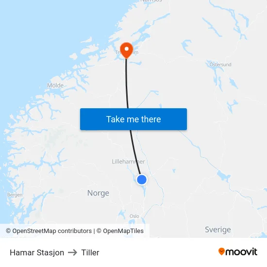 Hamar Stasjon to Tiller map