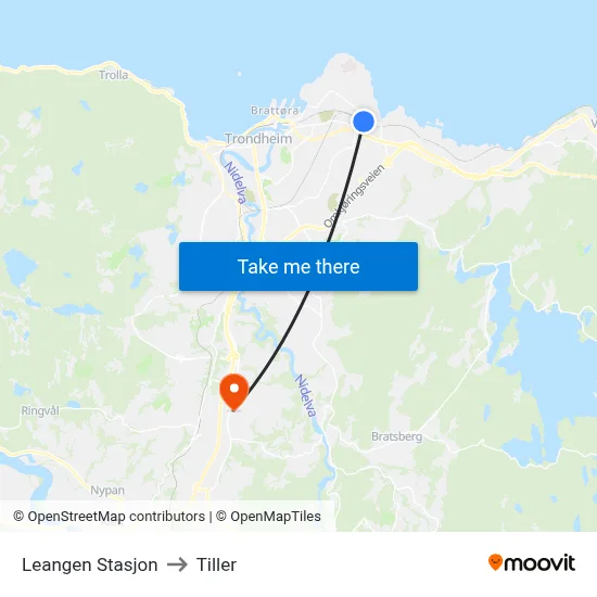 Leangen Stasjon to Tiller map