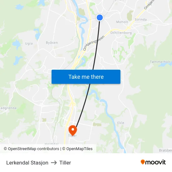 Lerkendal Stasjon to Tiller map