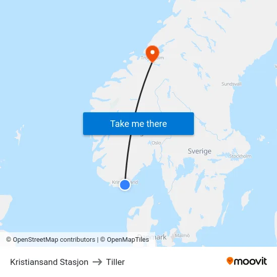 Kristiansand Stasjon to Tiller map