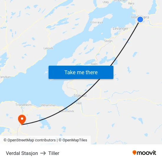 Verdal Stasjon to Tiller map