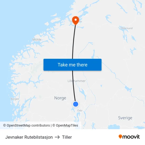 Jevnaker Rutebilstasjon to Tiller map