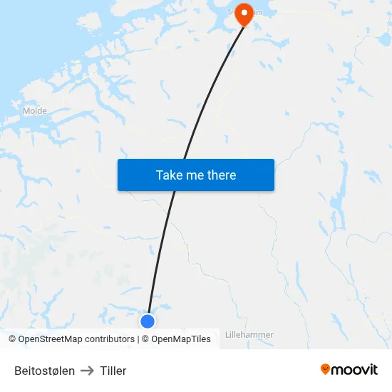 Beitostølen to Tiller map