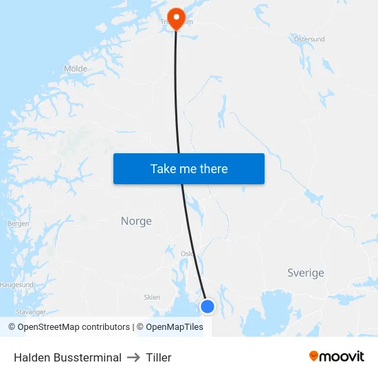 Halden Bussterminal to Tiller map