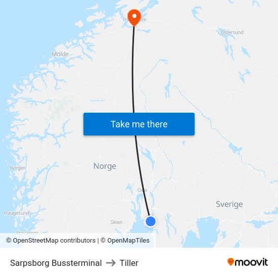 Sarpsborg Bussterminal to Tiller map