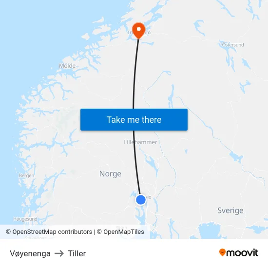 Vøyenenga to Tiller map