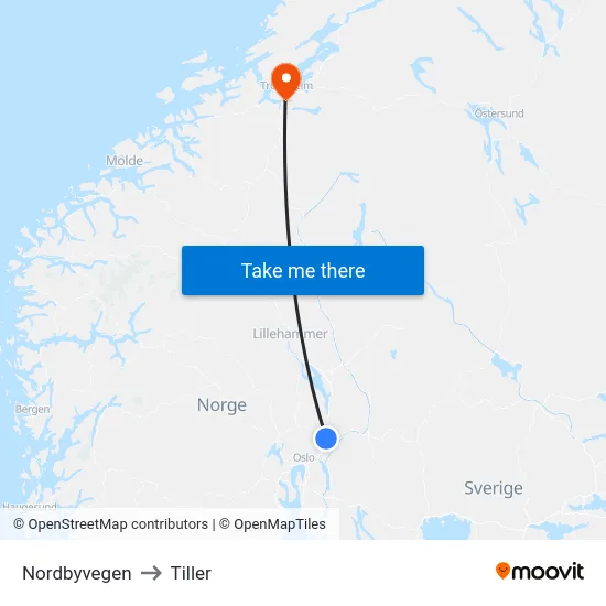 Nordbyvegen to Tiller map