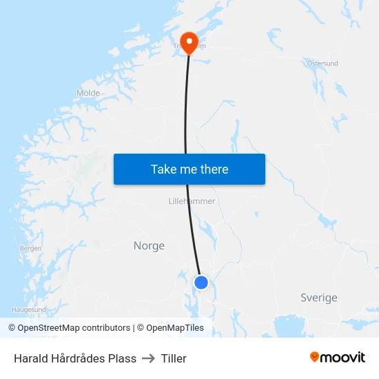Harald Hårdrådes Plass to Tiller map