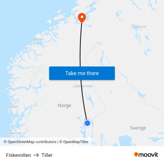Fiskevollen to Tiller map