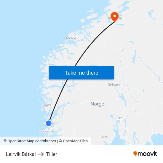 Leirvik Båtkai to Tiller map