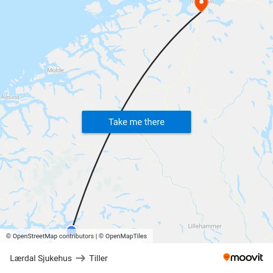Lærdal Sjukehus to Tiller map