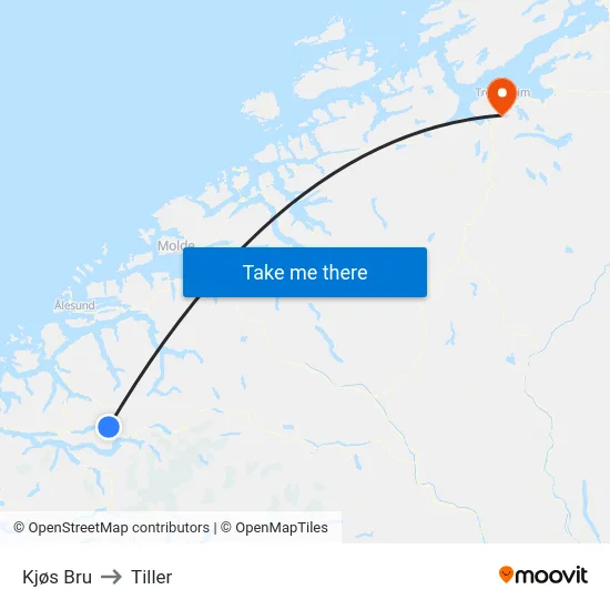 Kjøs Bru to Tiller map