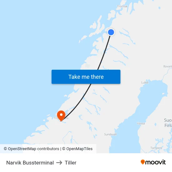 Narvik Bussterminal to Tiller map