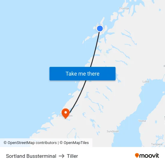 Sortland Bussterminal to Tiller map