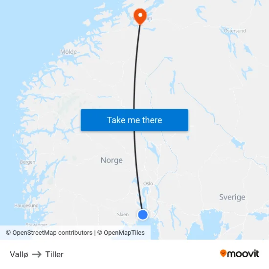 Vallø to Tiller map