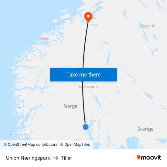 Union Næringspark to Tiller map