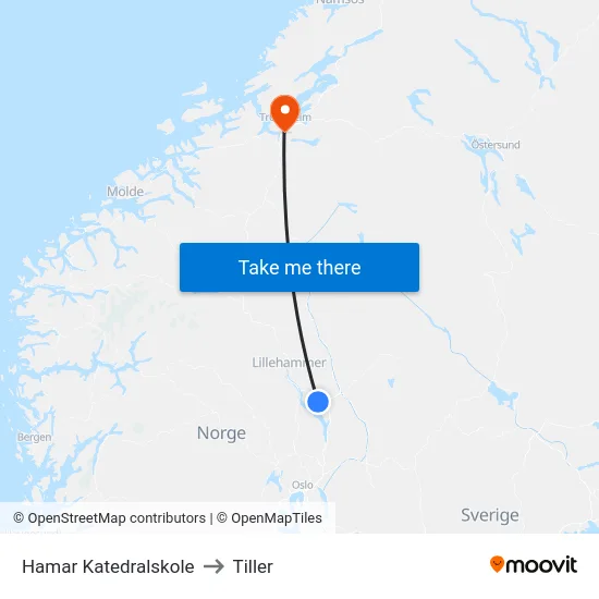 Hamar Katedralskole to Tiller map