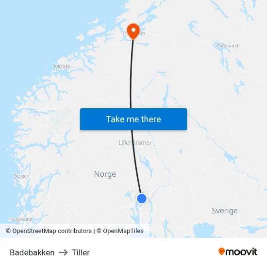 Badebakken to Tiller map
