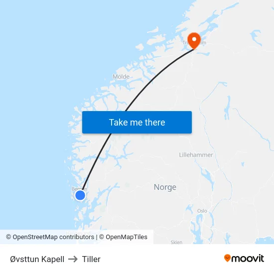 Øvsttun Kapell to Tiller map
