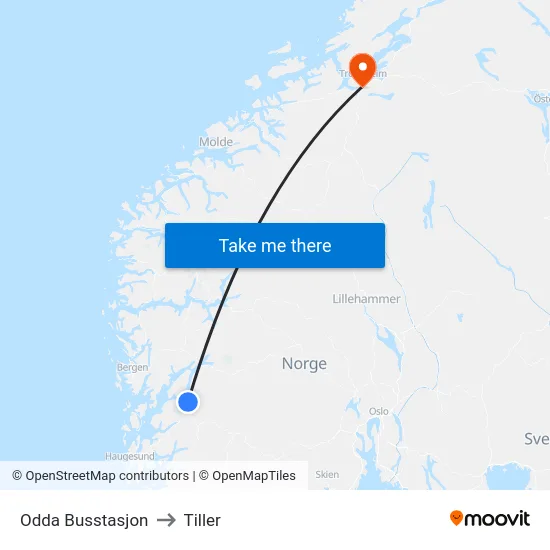 Odda Busstasjon to Tiller map