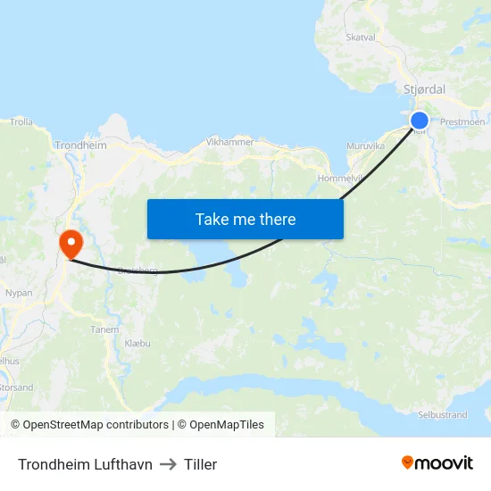 Trondheim Lufthavn to Tiller map