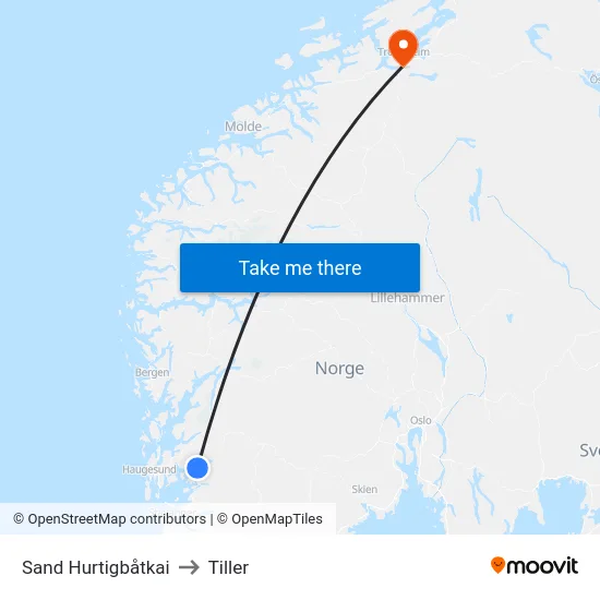 Sand Hurtigbåtkai to Tiller map
