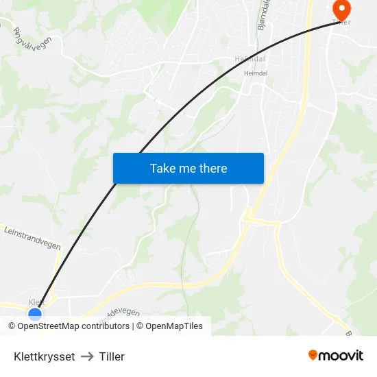 Klettkrysset to Tiller map