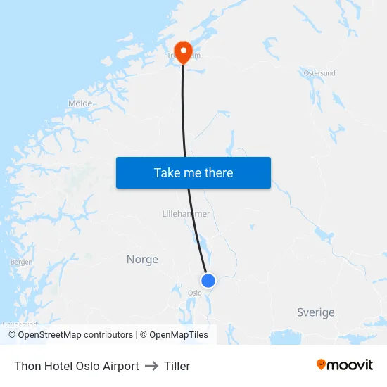 Thon Hotel Oslo Airport to Tiller map
