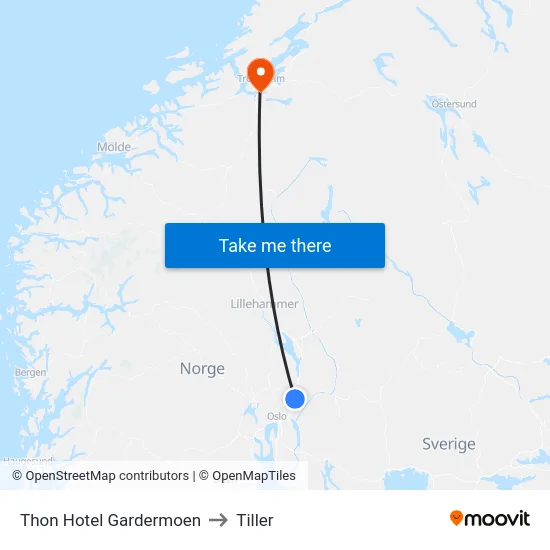 Thon Hotel Gardermoen to Tiller map
