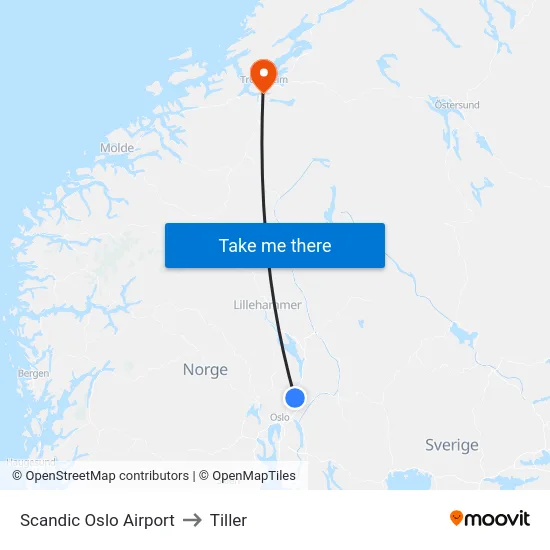 Scandic Oslo Airport to Tiller map