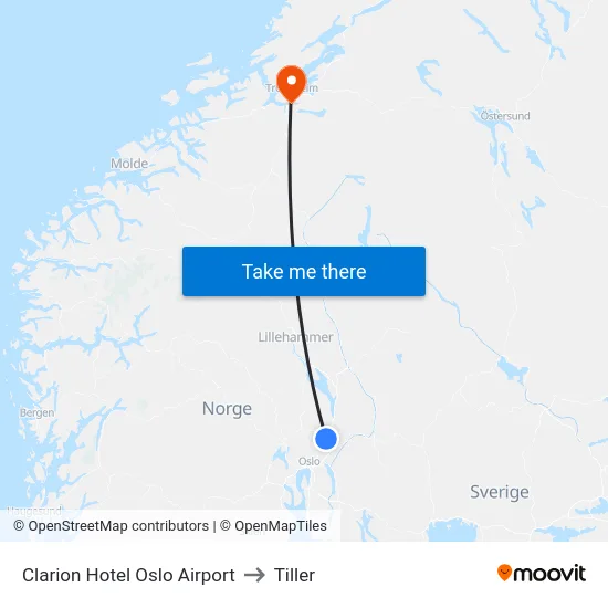 Clarion Hotel Oslo Airport to Tiller map