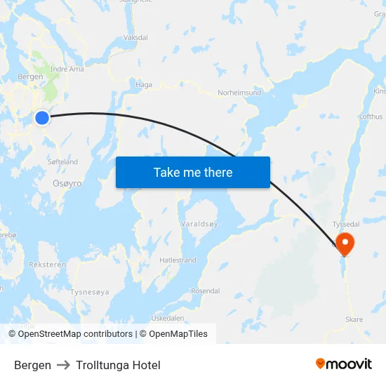 Bergen to Trolltunga Hotel map