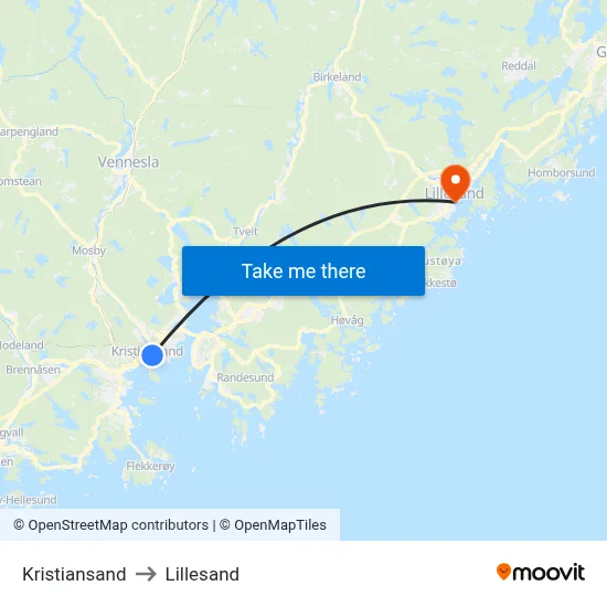 Kristiansand to Lillesand map