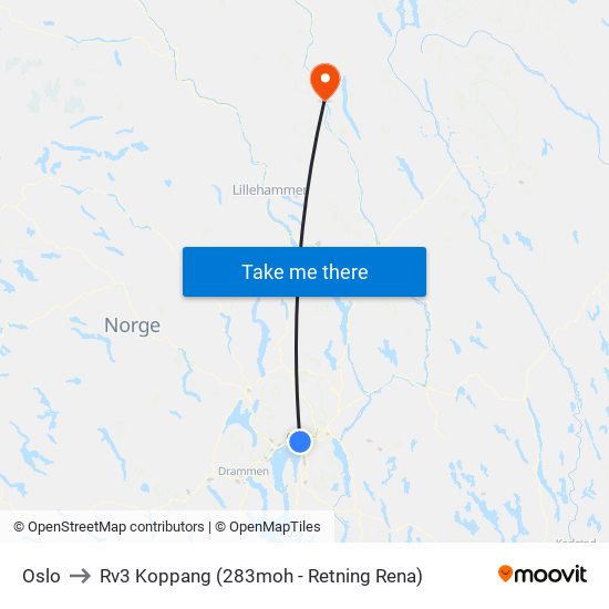 Oslo to Rv3 Koppang (283moh - Retning Rena) map
