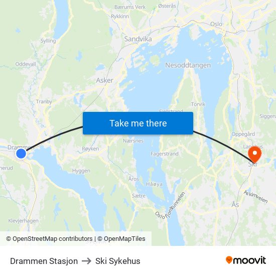 Drammen Stasjon to Ski Sykehus map