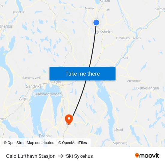 Oslo Lufthavn Stasjon to Ski Sykehus map