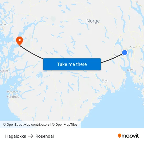 Hagaløkka to Rosendal map