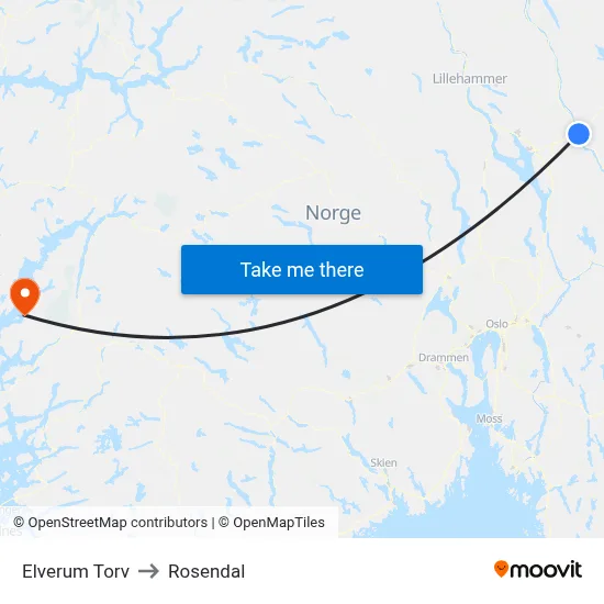 Elverum Torv to Rosendal map