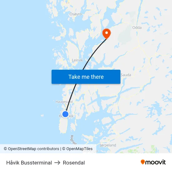 Håvik Bussterminal to Rosendal map