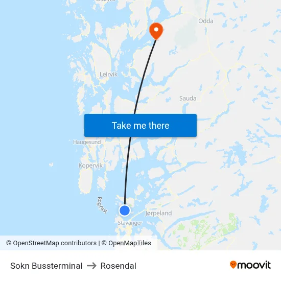 Sokn Bussterminal to Rosendal map