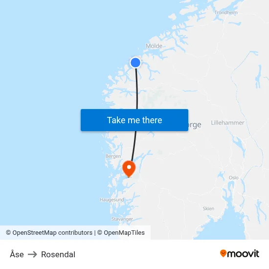 Åse to Rosendal map
