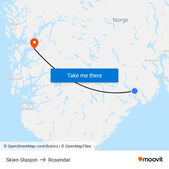 Skien Stasjon to Rosendal map