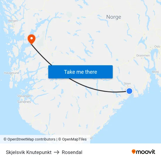 Skjelsvik Knutepunkt to Rosendal map