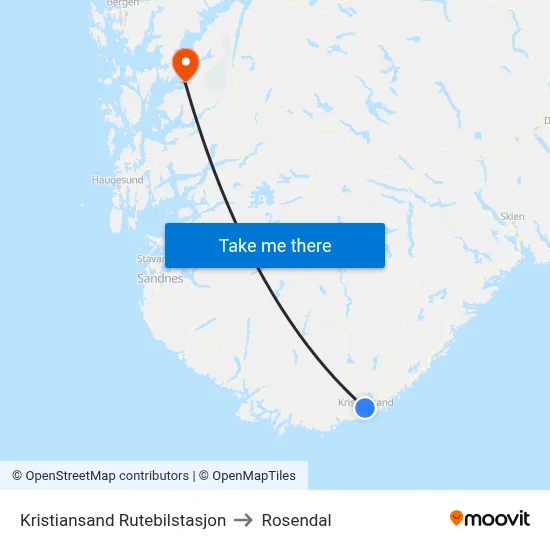 Kristiansand Rutebilstasjon to Rosendal map