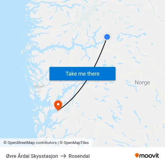 Øvre Årdal Skysstasjon to Rosendal map