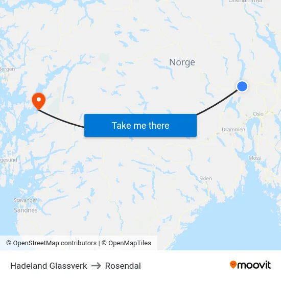 Hadeland Glassverk to Rosendal map
