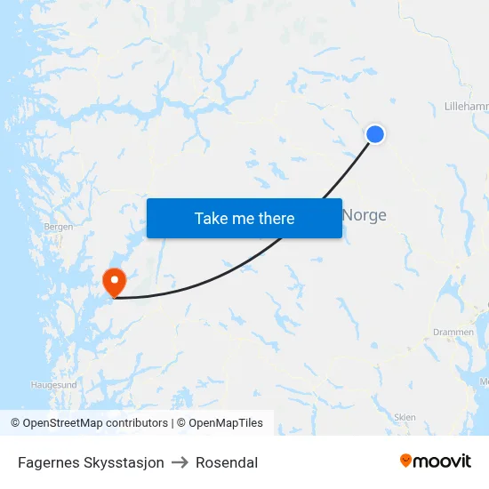 Fagernes Skysstasjon to Rosendal map