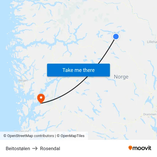 Beitostølen to Rosendal map